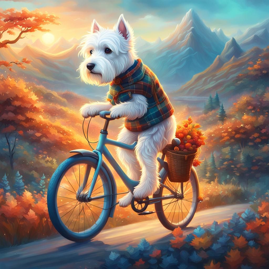 A west highland terrier wearing a Maclean hunting tartan kilt.