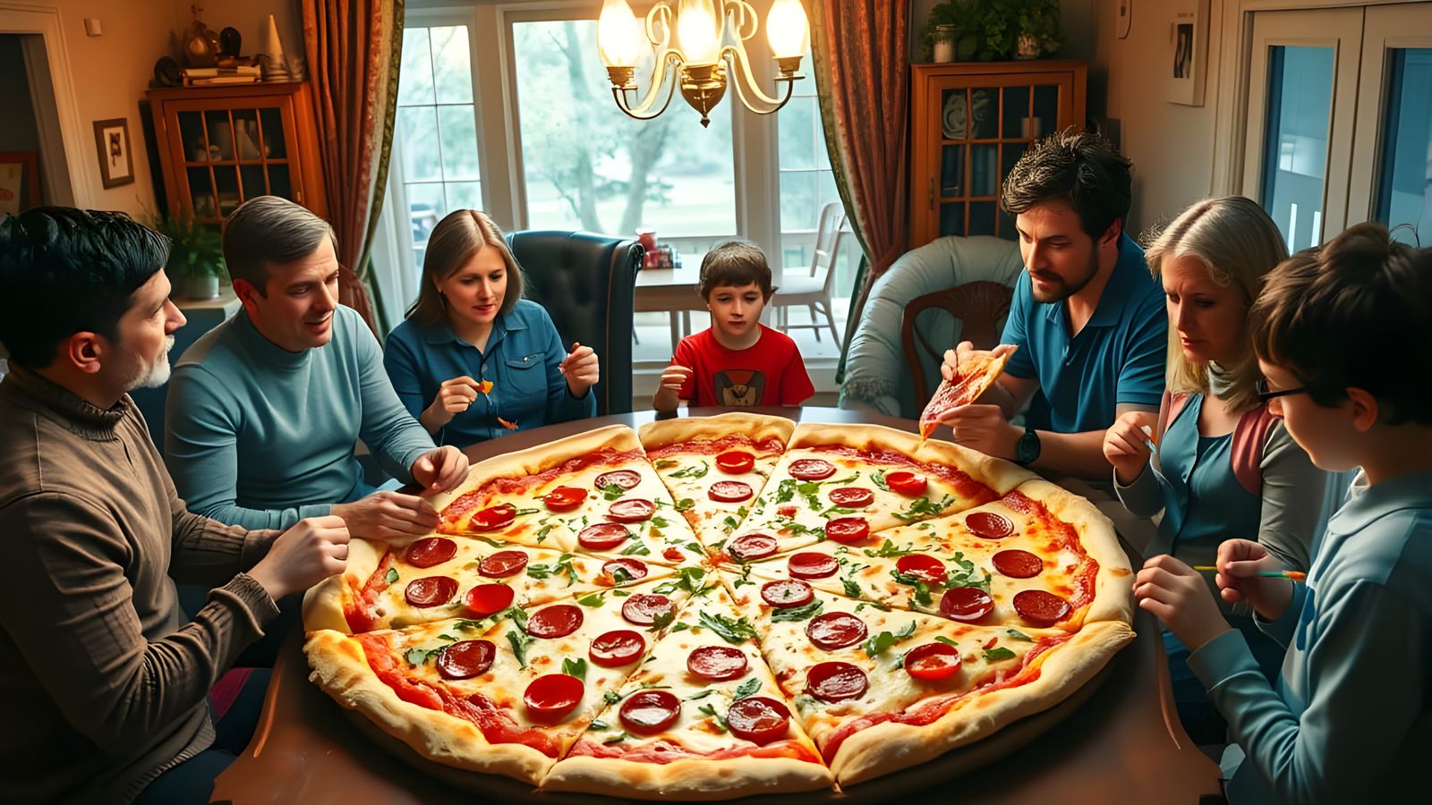 A Huge Pepperoni Pizza with a whole family eating slices  by @Mia