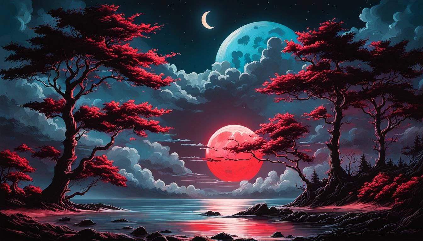 Ocean view at night with trees and the moon glowing red through the