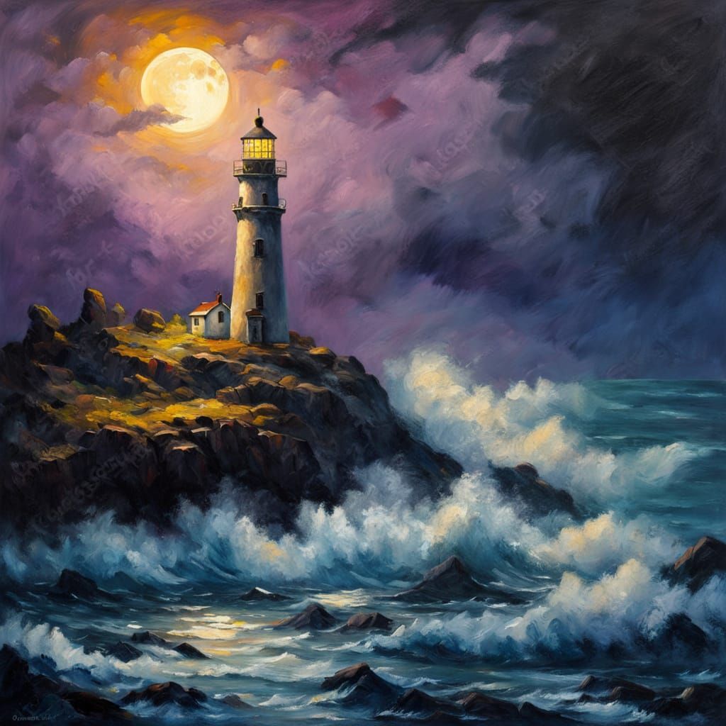Oil painting. Wide shot. A solitary lighthouse stands on a rocky cliff overlooking a stormy sea under ...  by @Mike