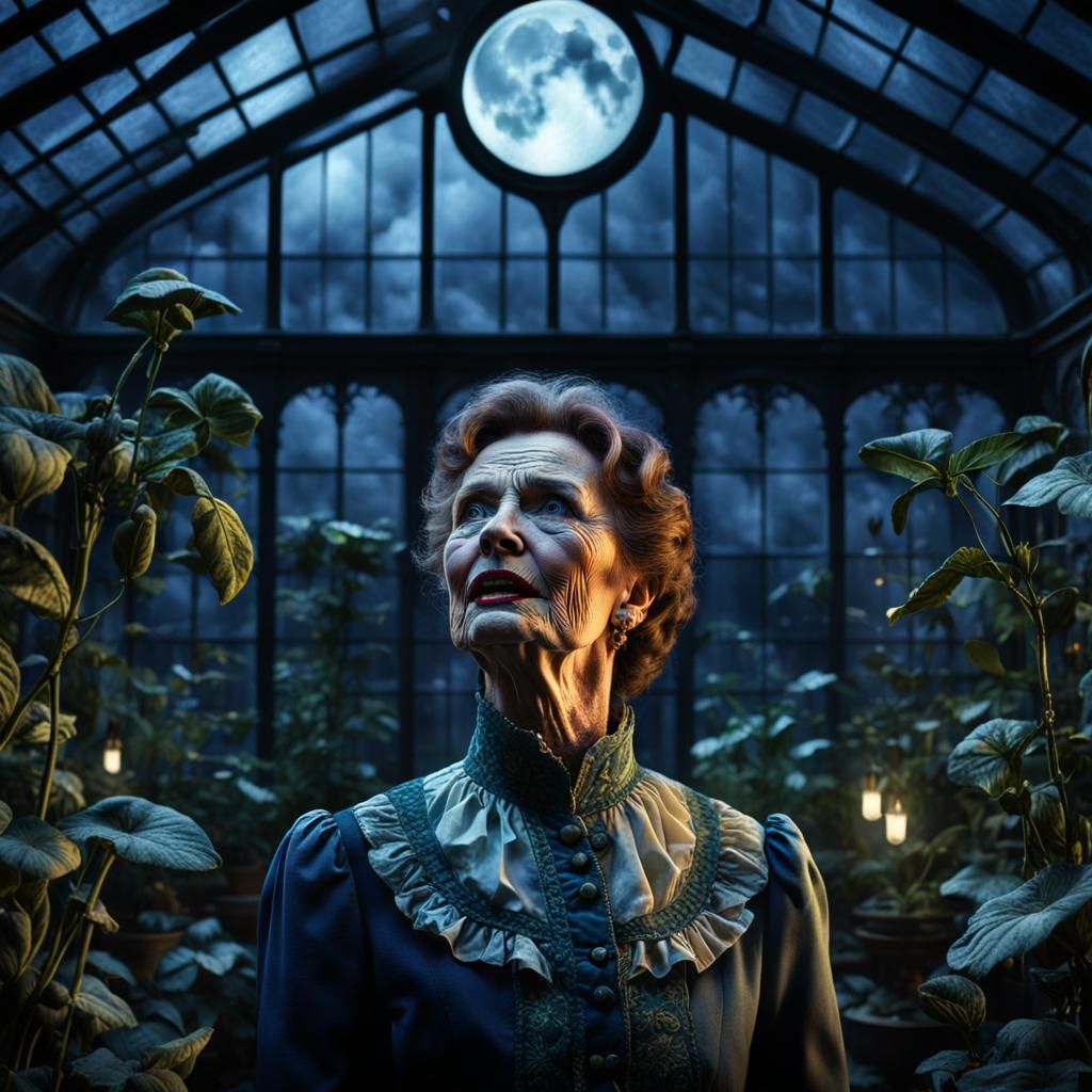 Hyperrealistic photo close-up of Celia Imrie in a Victorian greenhouse ...