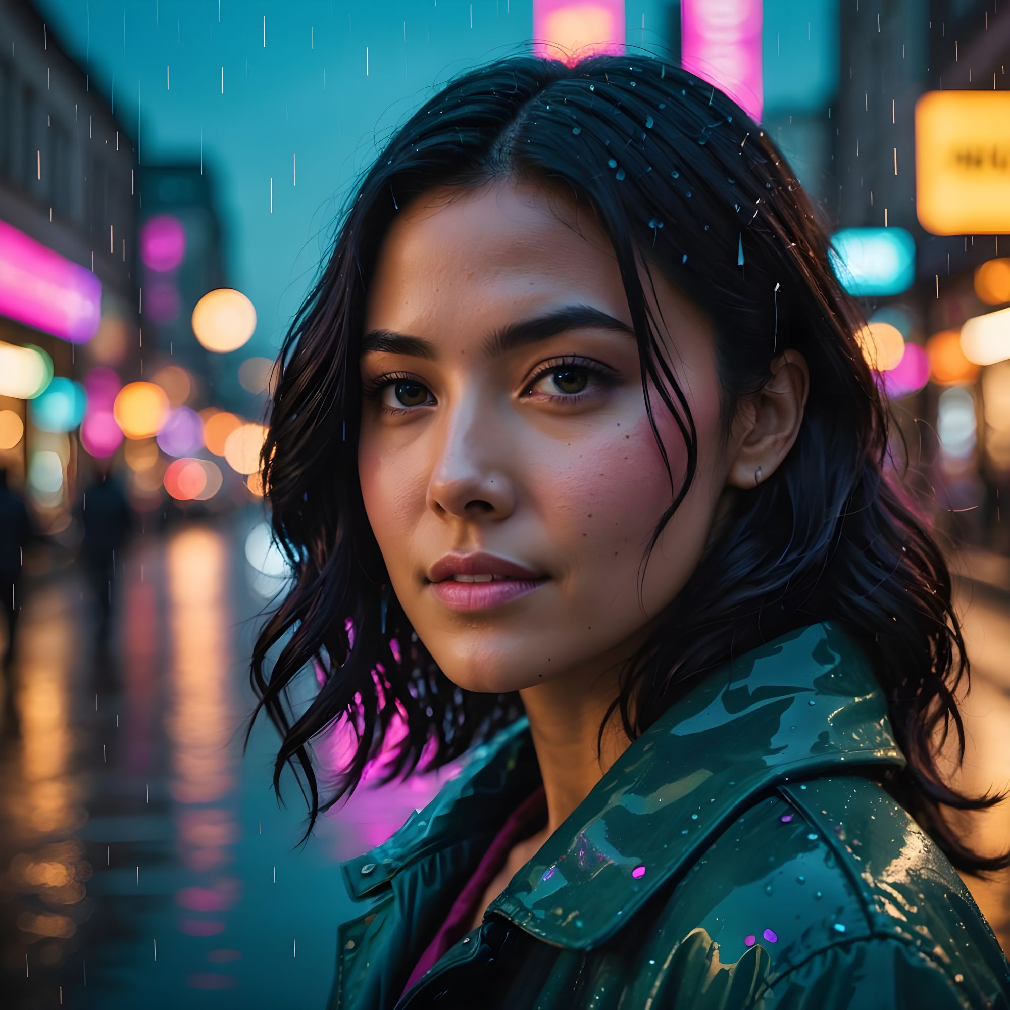 Nighttime portrait in a rain-lit city