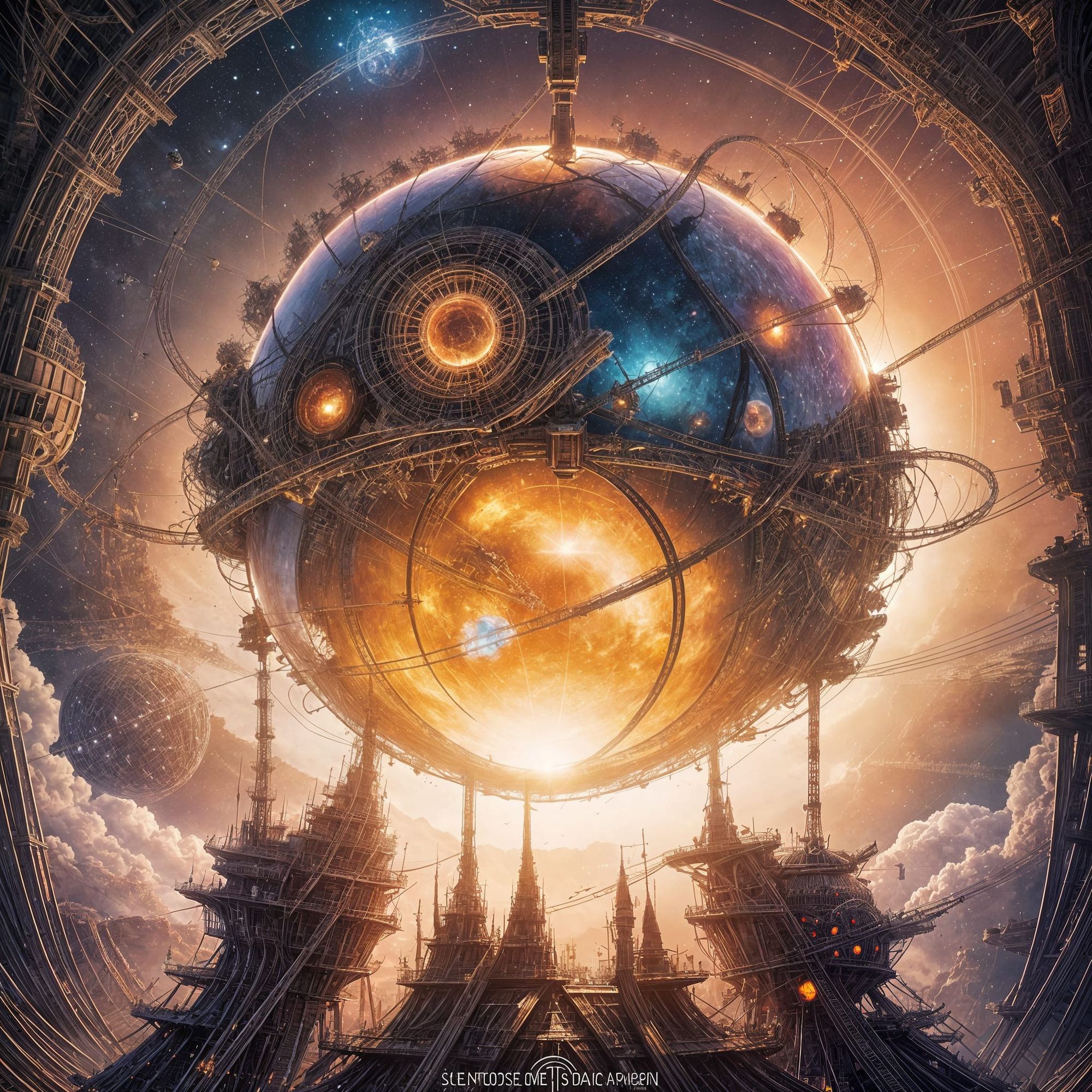 Cinematic Fusion A Dyson sphere under construction around a dying sun, scaffolds stretching like spiderwebs of light, while swarms of drones...