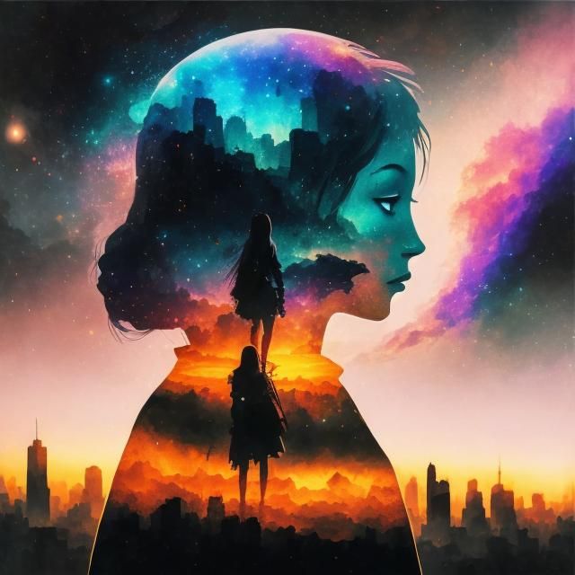 <lora:DUBLEX vDS8:1.0> Double exposure fairy+galaxy+city sunset double exposure, splatter effect galaxy skyline, insane detail 