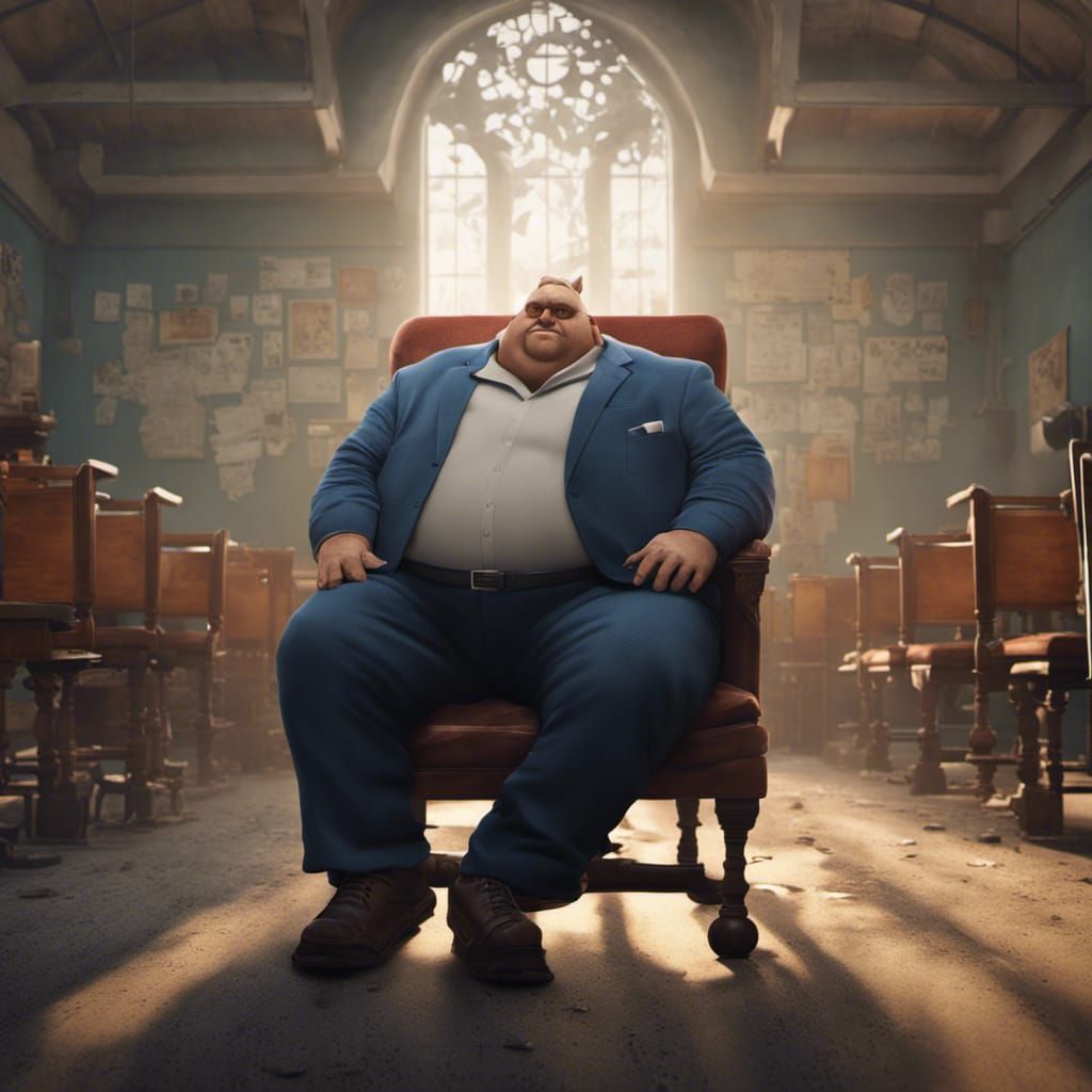 A 2 meter fat man sitting on a chair at school - AI Generated Artwork -  NightCafe Creator