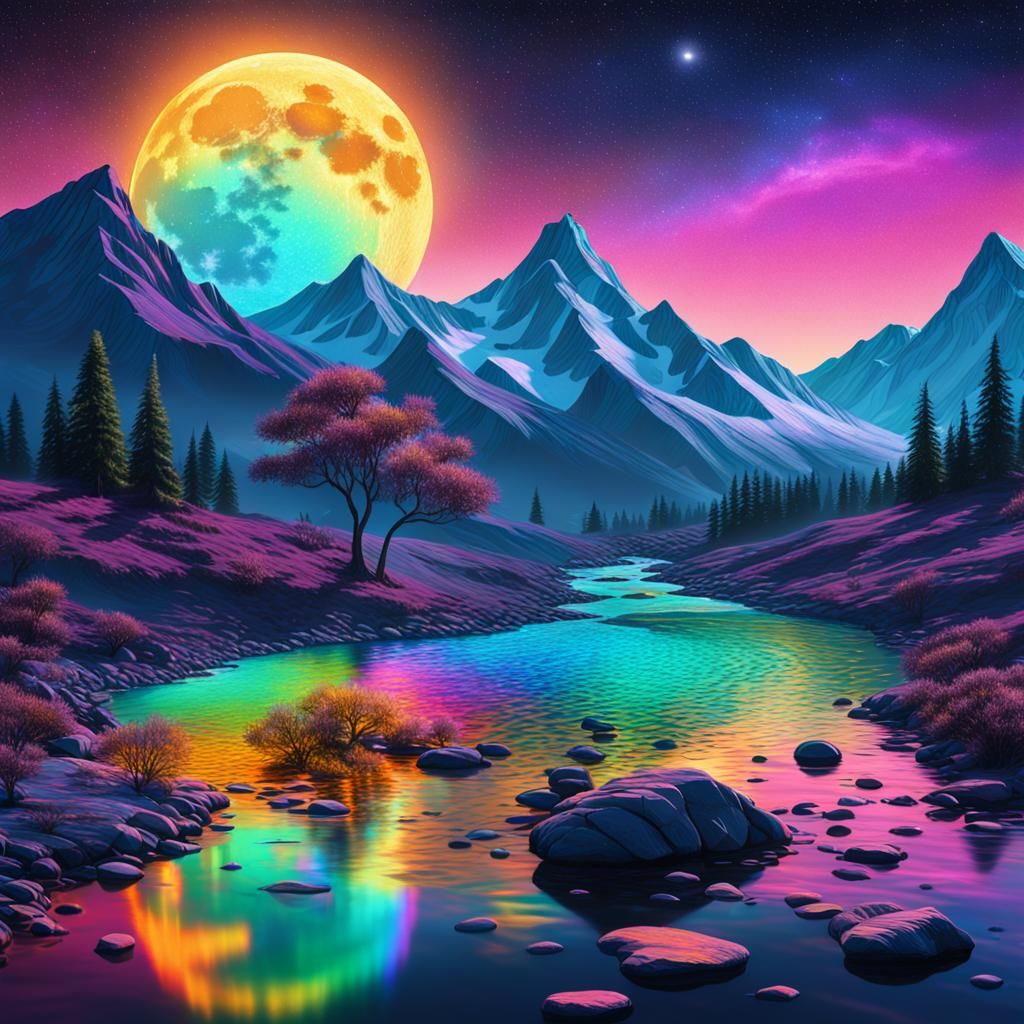  the iridescence of a moon over a mountain view with a stream of water   by @Tara