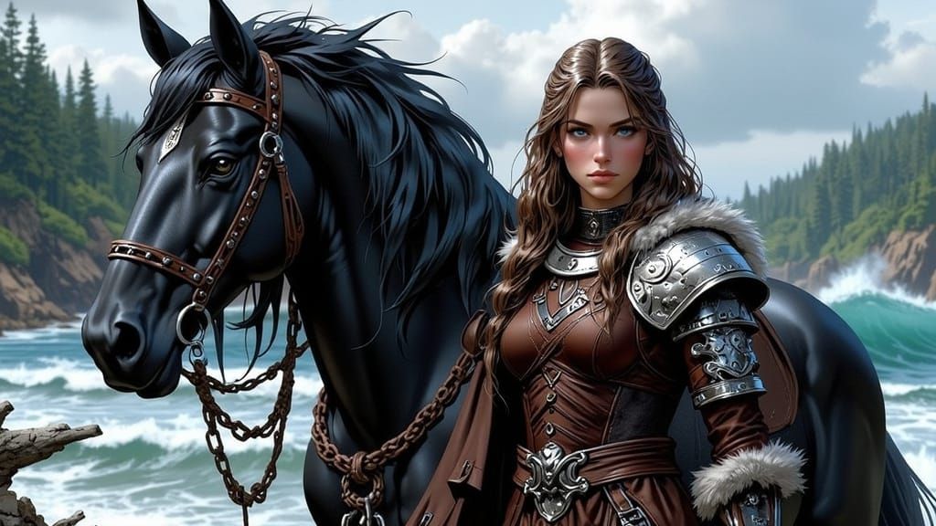 Norse Warrior Woman Beside Black Horse in Misty Landscape