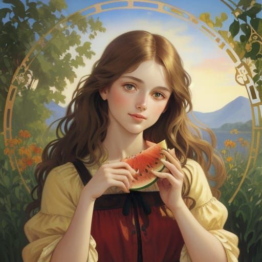 Girl in Red Dress with Watermelon, Golden Hour Oil Painting