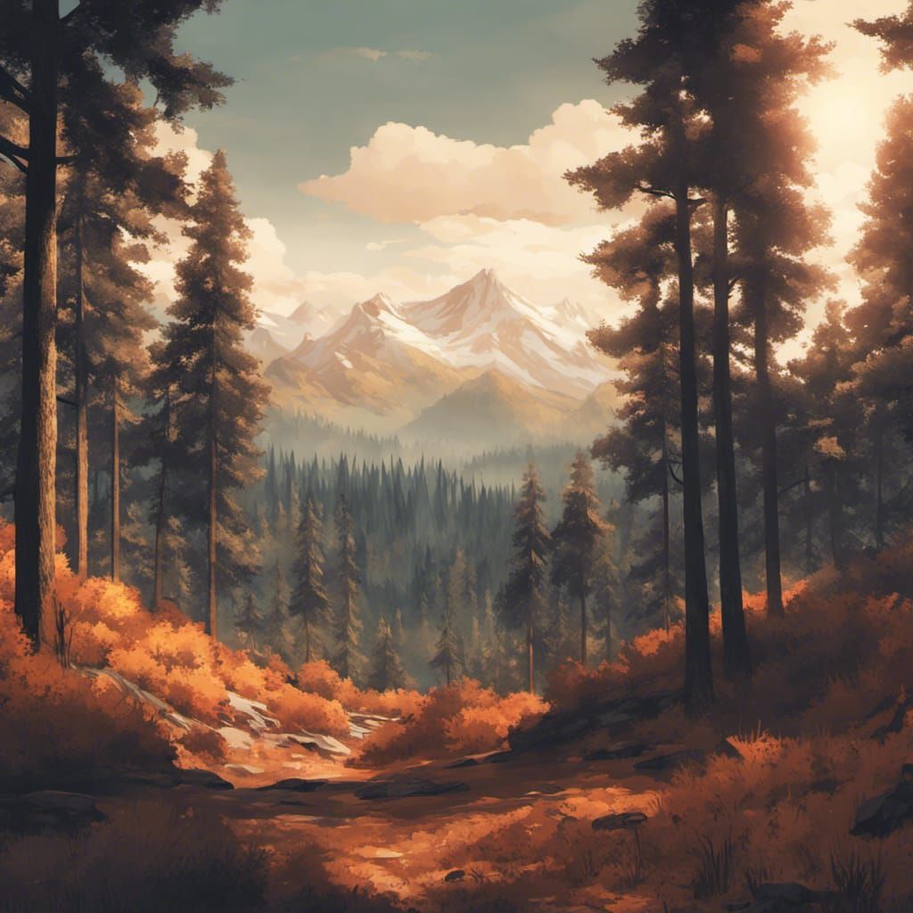 Firewatch art style forest with mountains in background. The sky has to ...