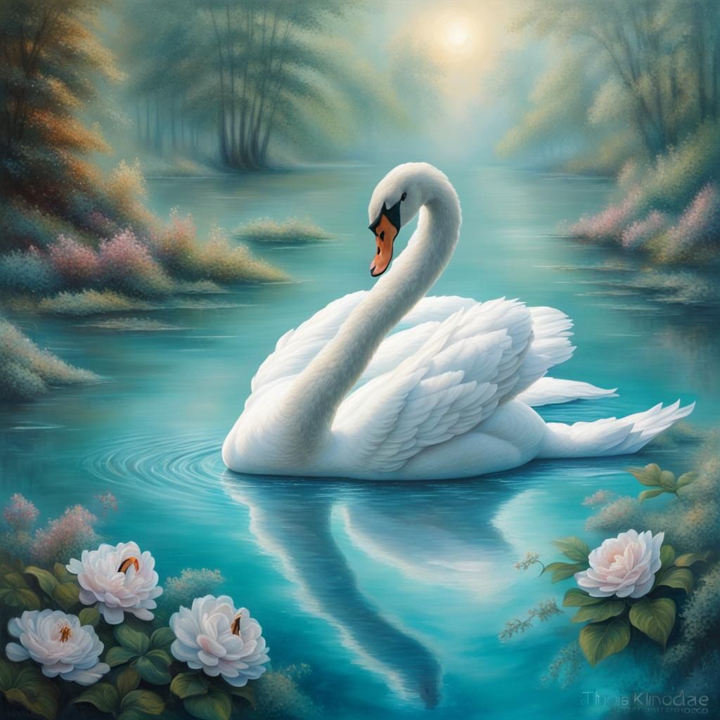 Hyper-realistic vibrant single white swan on a turquoise blue pond ...