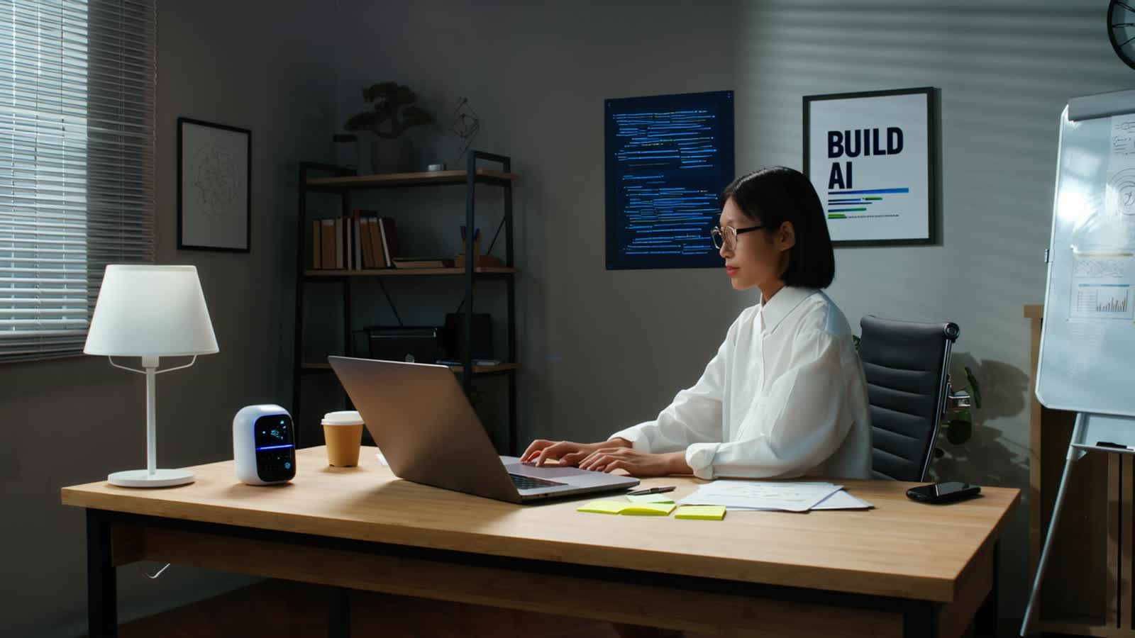 A realistic 3D office environment. A young Asian woman (short hair, wearing a white shirt and glasses) sits at a sleek w...