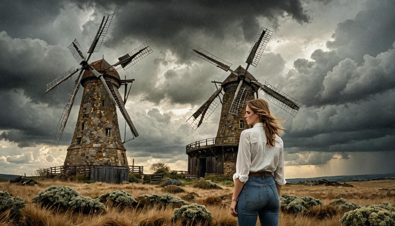 Woman Contemplates Weathered Windmill Under Stormy Sky in Ea...
