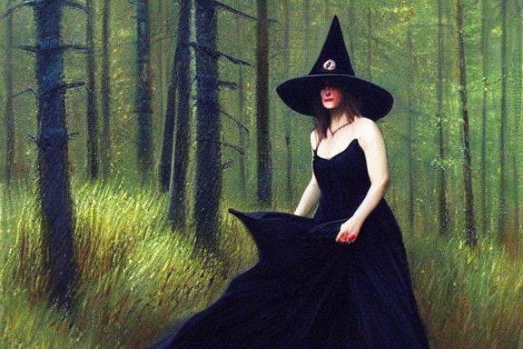 Beautiful Young Witch in Nature Oil Painting