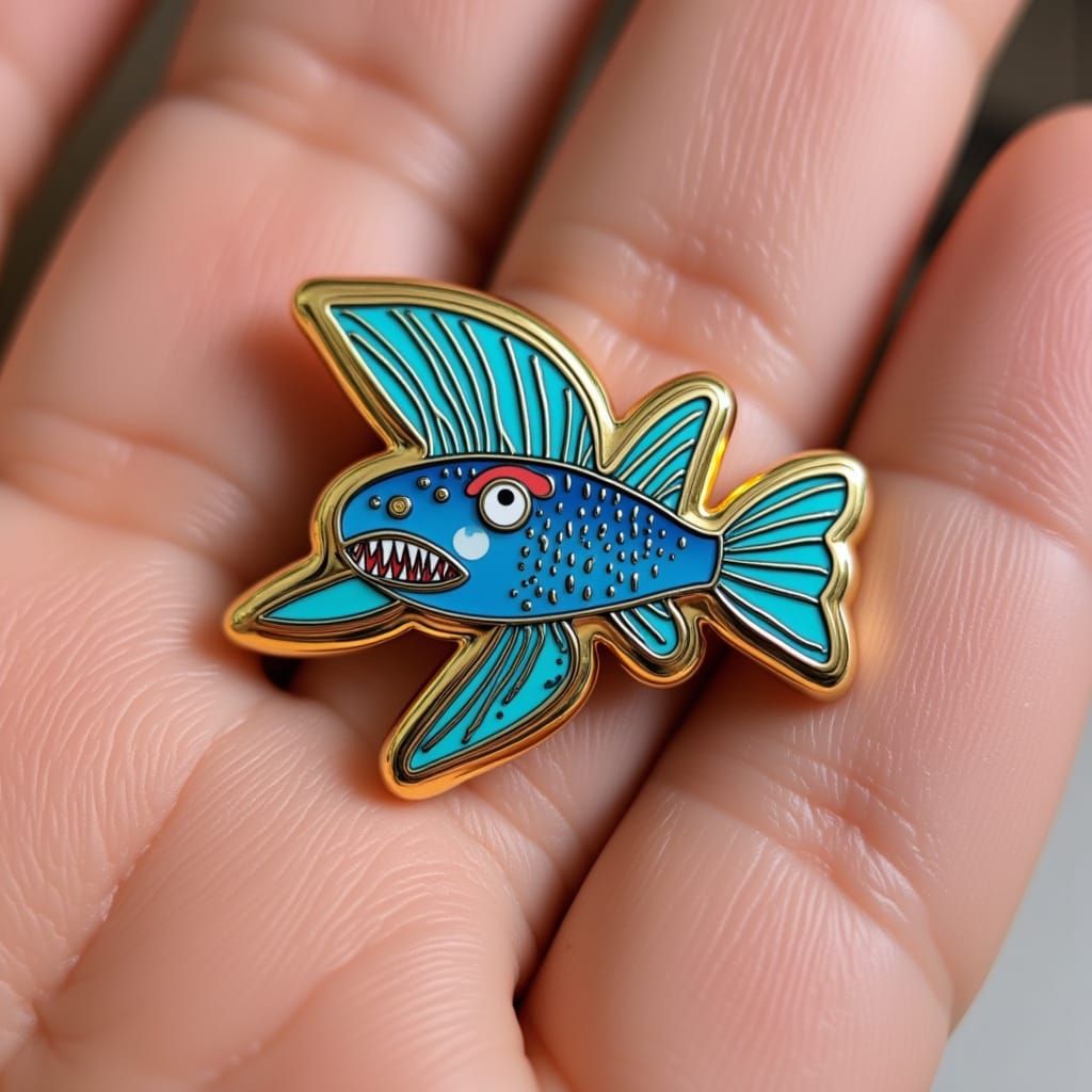 Enamel Pin  of anglerfish scary fish friend <lora:Stick A Pin in it:1.0> with gold metalic base metal. <lora:Stick A Pin in it:1.0>