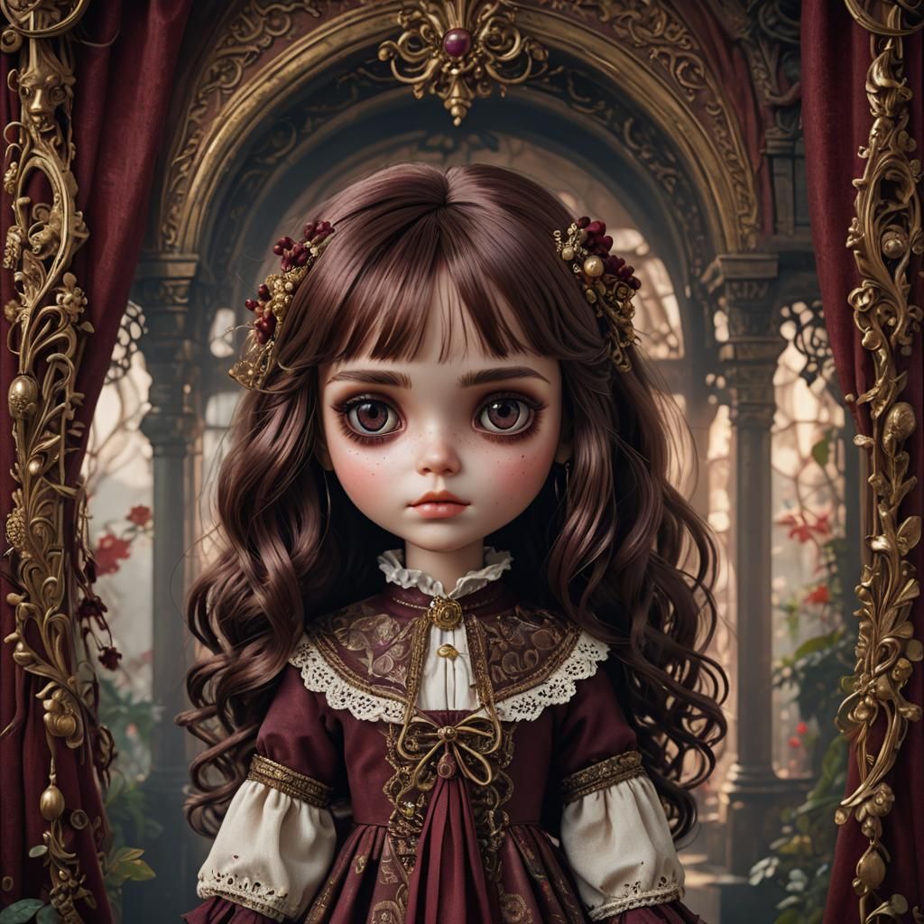 a blythe doll with black eyes, curtain bangs with burgundy highlights and brown-pale skin