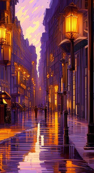 town rainy night a masterpiece, volumetric lighting, Alphonse Mucha ...