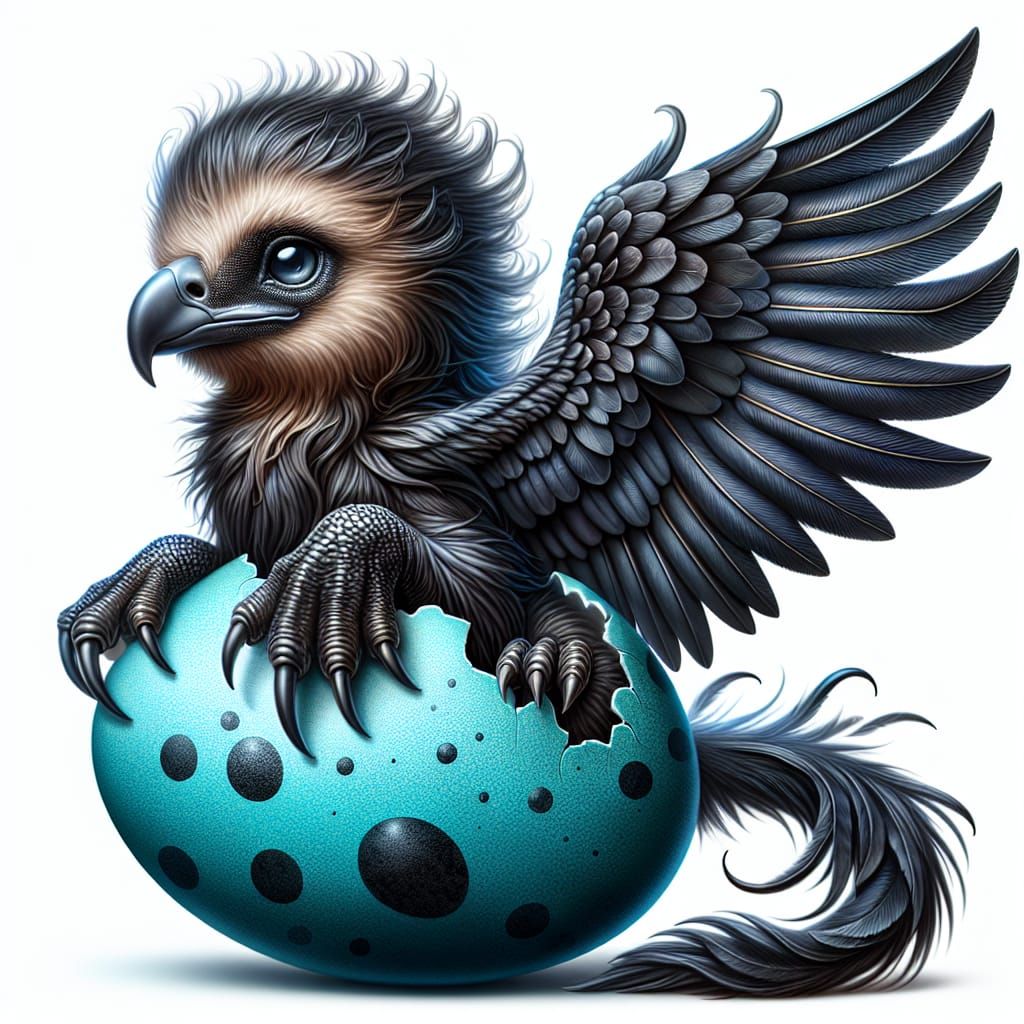 an adorable baby griffin with feathers reminiscent of ebony hatching ...