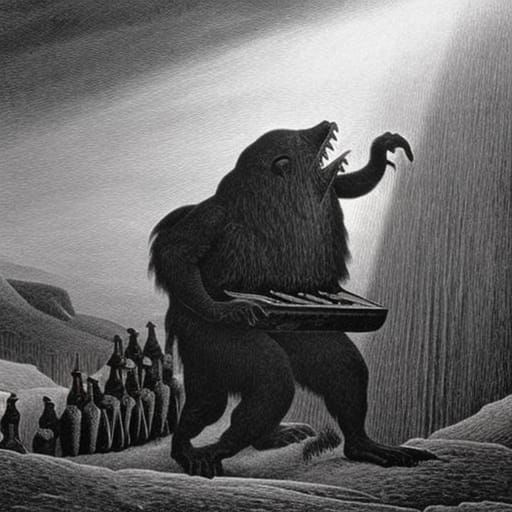 Gigantic Hairy Troll Plays Harrowing Organ in Dark Black and...