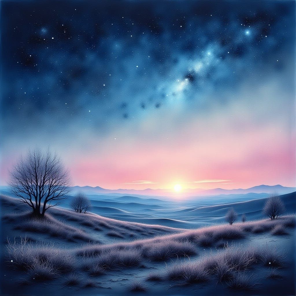 <lora:Oil and Glory Flux:1.0>  Thick textured Impasto. bleak frozen moor viewed from a high hill . Moment before dawn pale glowing band of p...