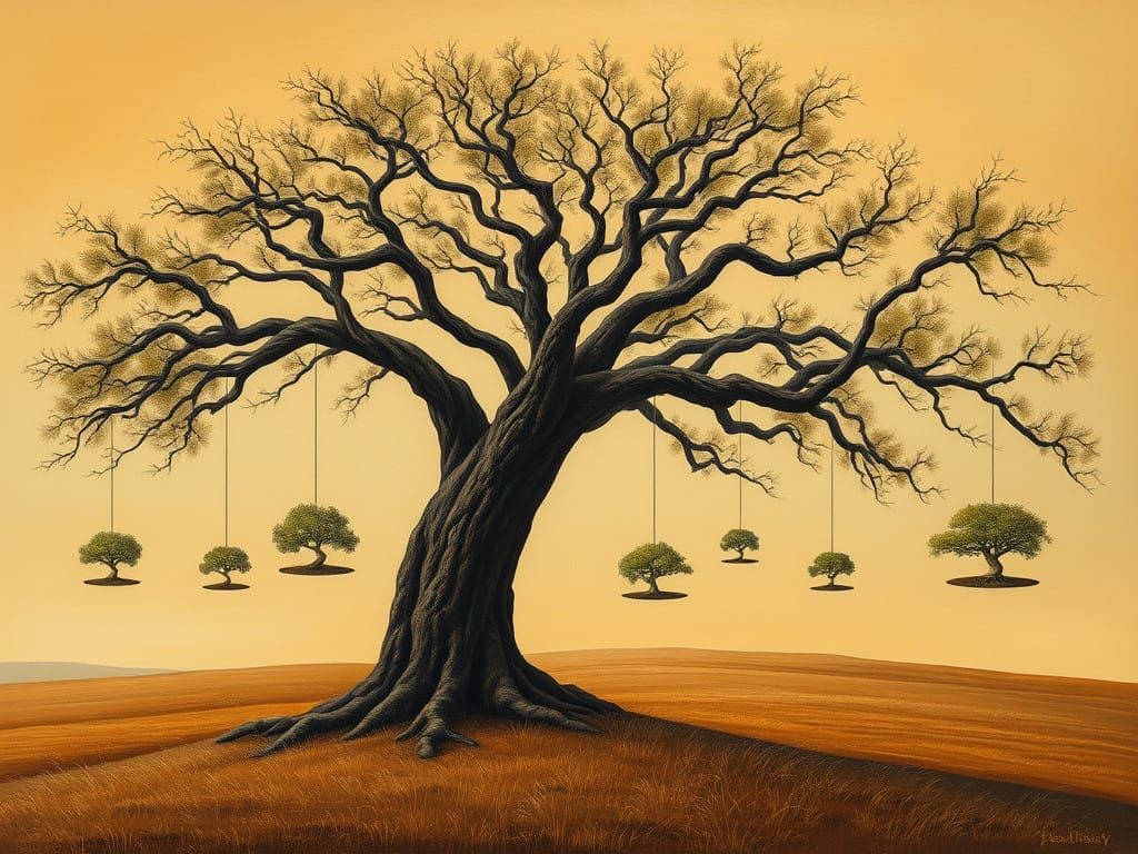 An oil painting hanging in a gallery, of a pretty earth toned landscape, at the front is an oak tree with strong sturdy branches, some branc...