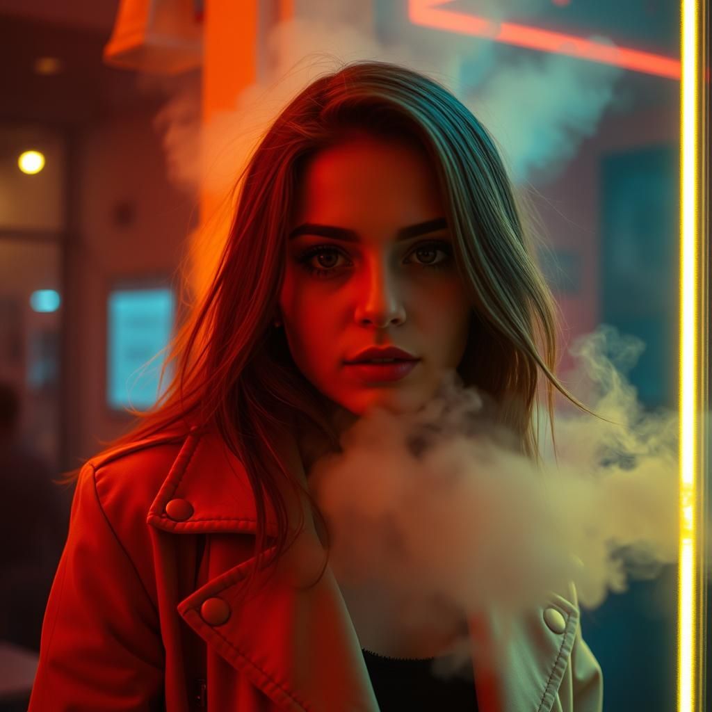 intense yellow neon light. fog. smoke. female goth fashion model. goth