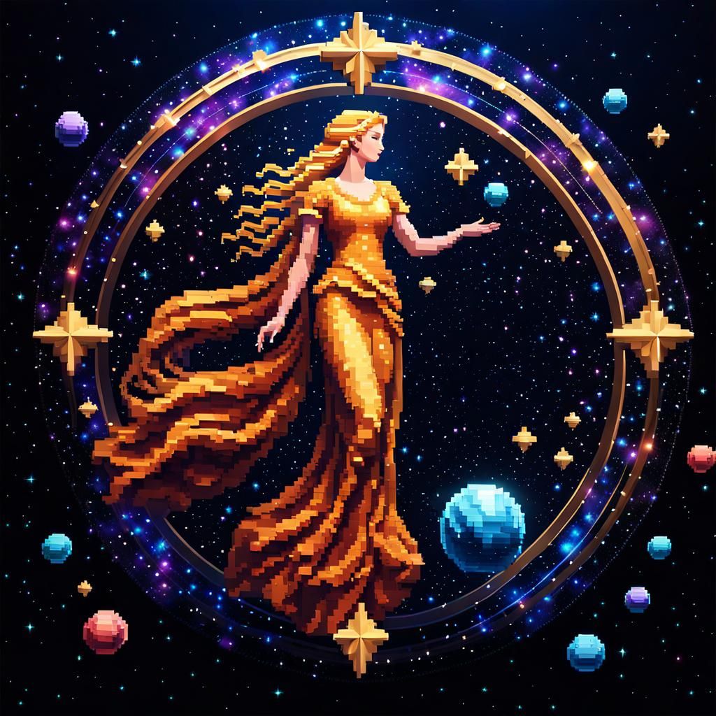 Virgo zodiac sign In 3d pixel Art, deep space background, mystic and ethereal , detailed   by @Jose