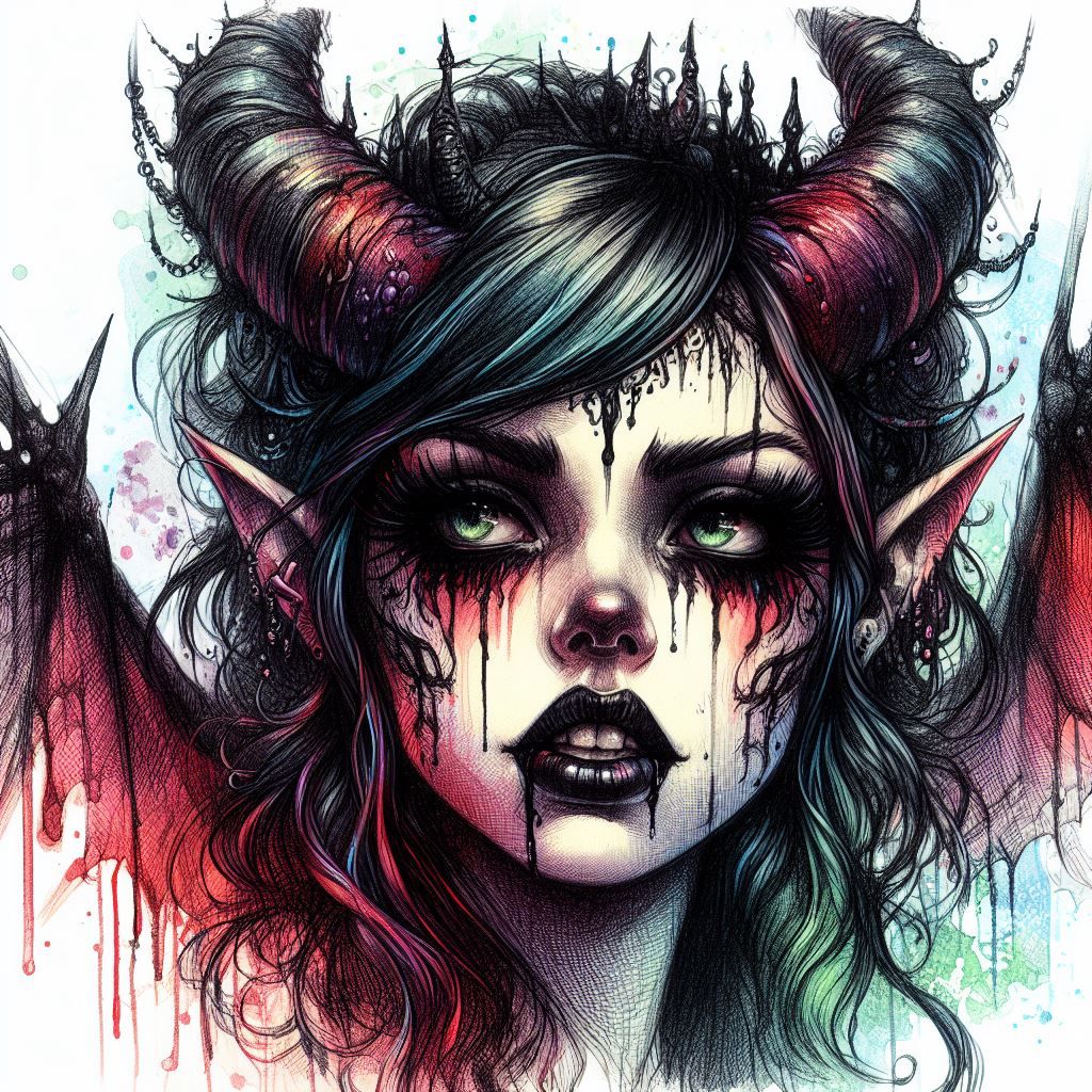 Watercolor sketch of a female demon