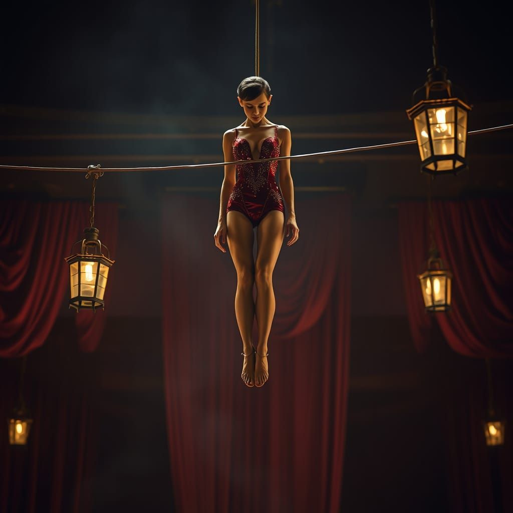 Elegant Acrobat on Thin Wire, Old-World Circus Setting