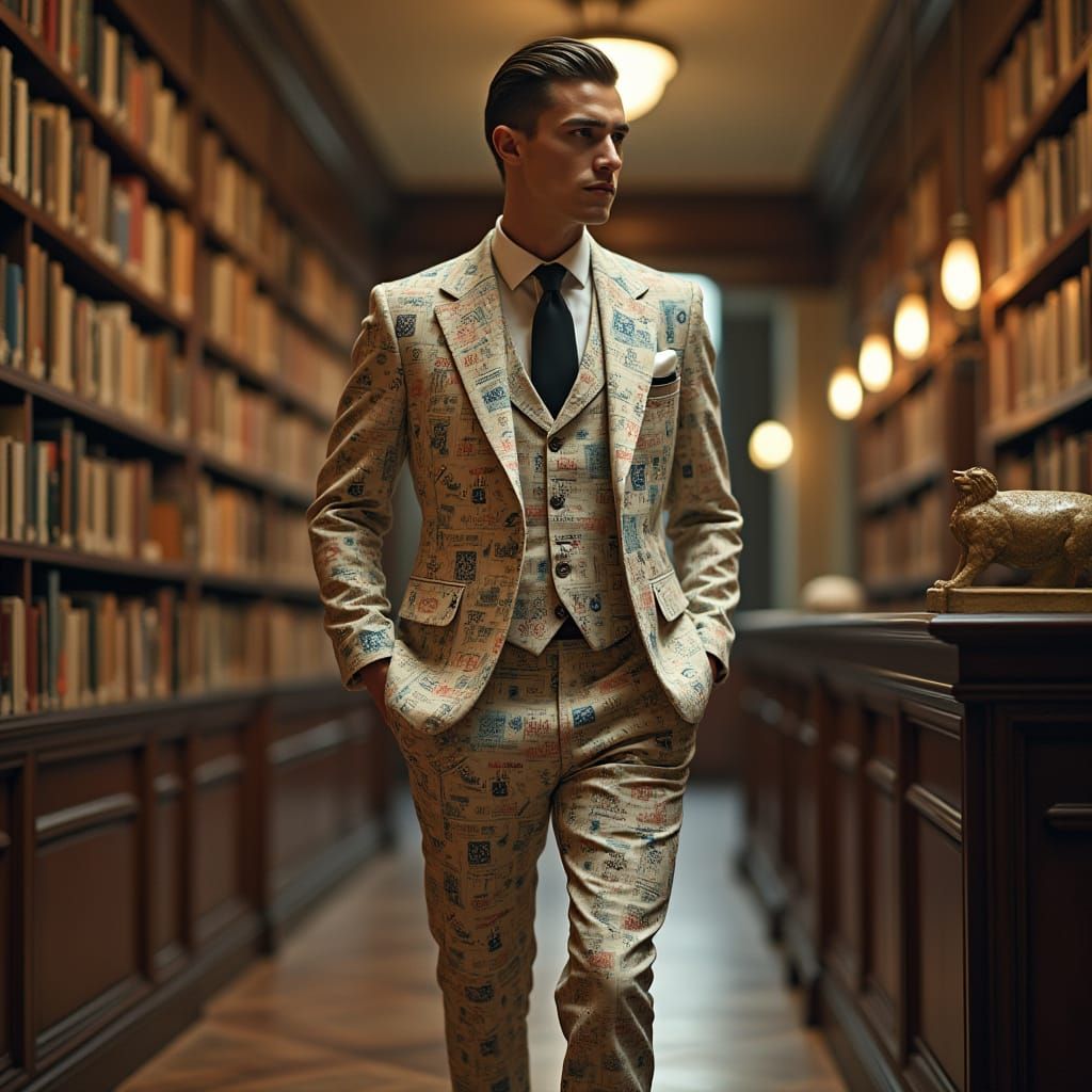A handsome young man with a knowing smile, clad in a suit made entirely of vintage postage stamps from around the world, confidently strides...