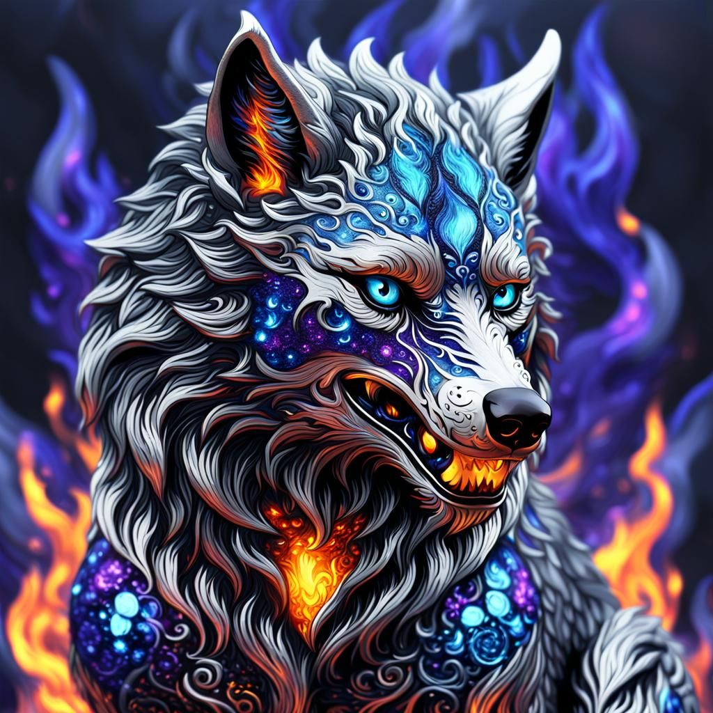 Surreal Wolf Demon in Sparkling Flames