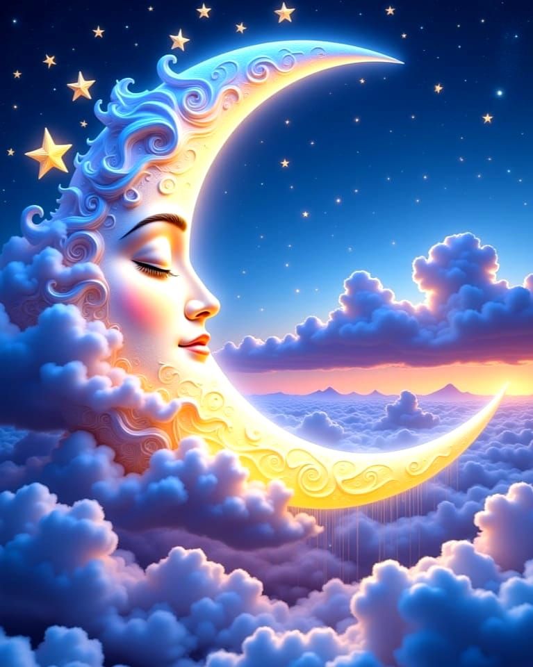 A luminous, ethereal crescent moon, with delicate, swirling textures, gazes adoringly down at a dreamscape of clouds sculpted into fantastic...