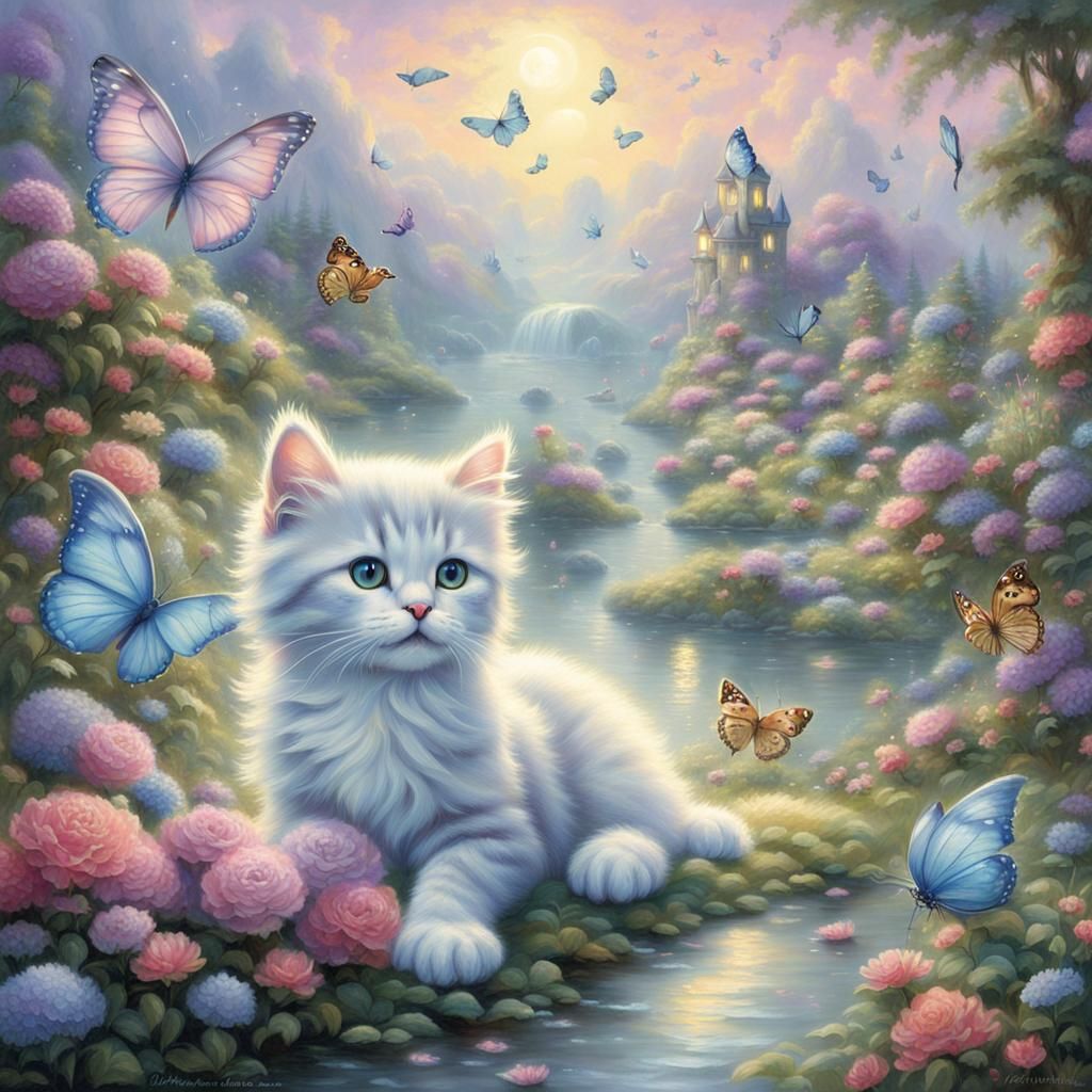 A fantasy world of kittens and butterflies in pastel colors ethereal fantasy hyperdetailed mist Thomas ...  by @Terryh