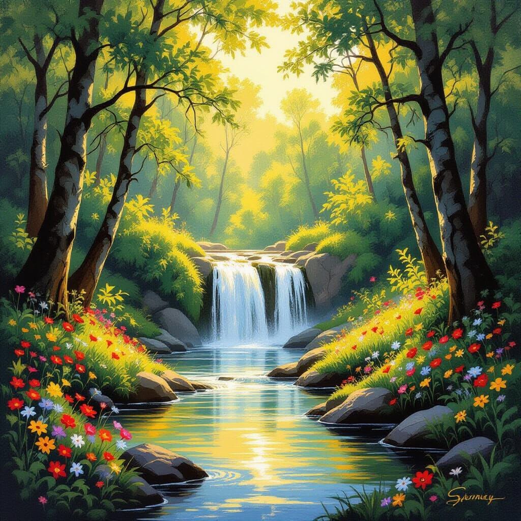 Picturesque Waterfall Scene in Pastoral Forest