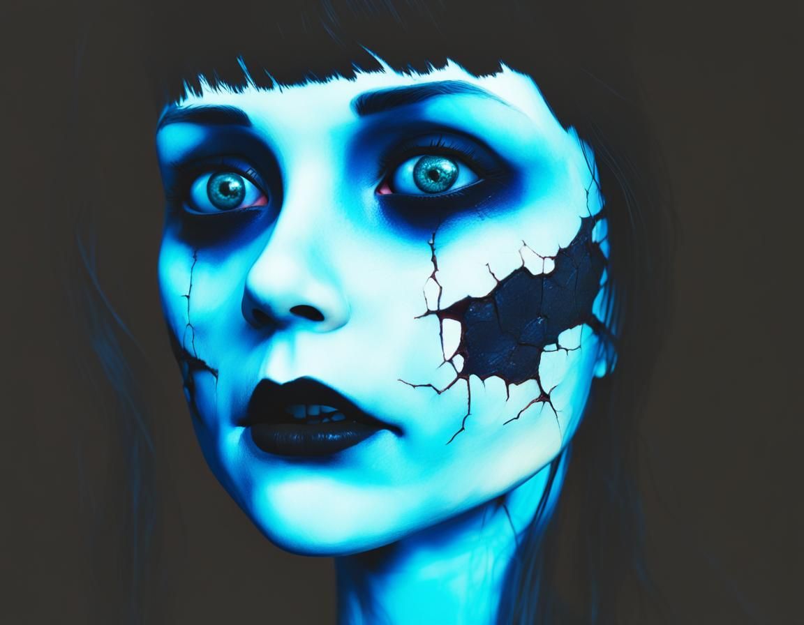 Woman with cracked face and porcelain doll complexion with cracks and