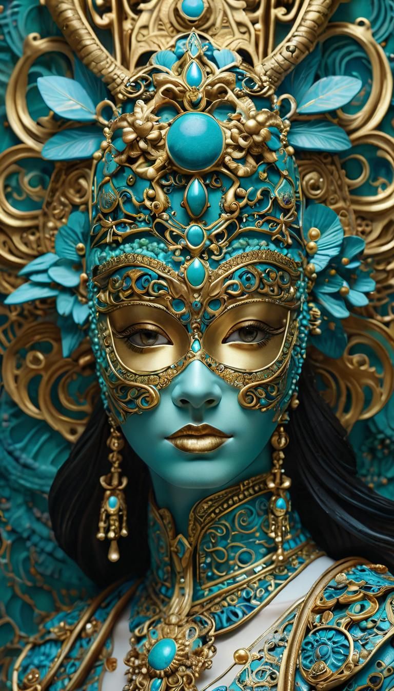 Woman in Turquoise and Gold Attire with Elaborate Mask in Cl...