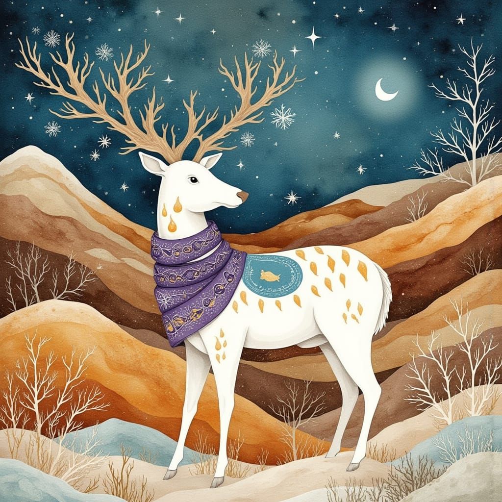 Whimsical White Reindeer in Folk Art Winter Wonderland