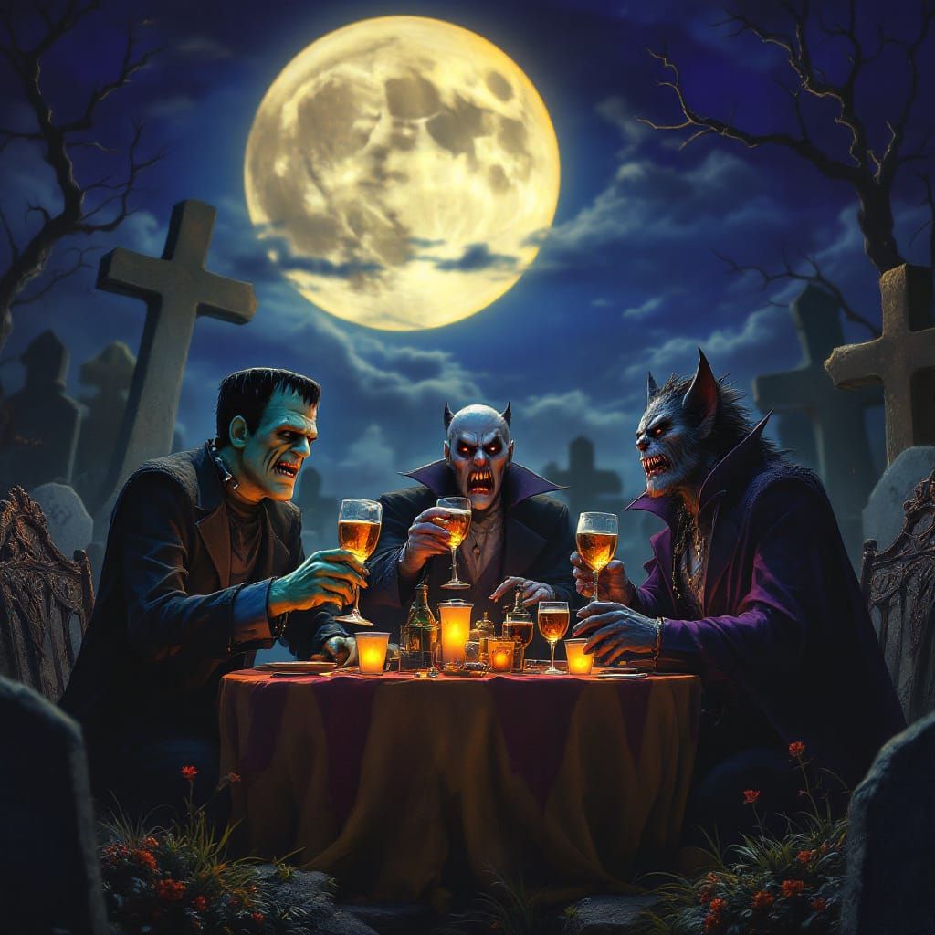Frankenstein, Count Dracula and the Werewolf are mauldin drunks offering a toast while singing a sad song in three part harmony in a well li...