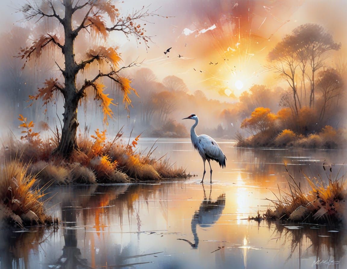 Winter crane on autumn misty lake  by @Kosh