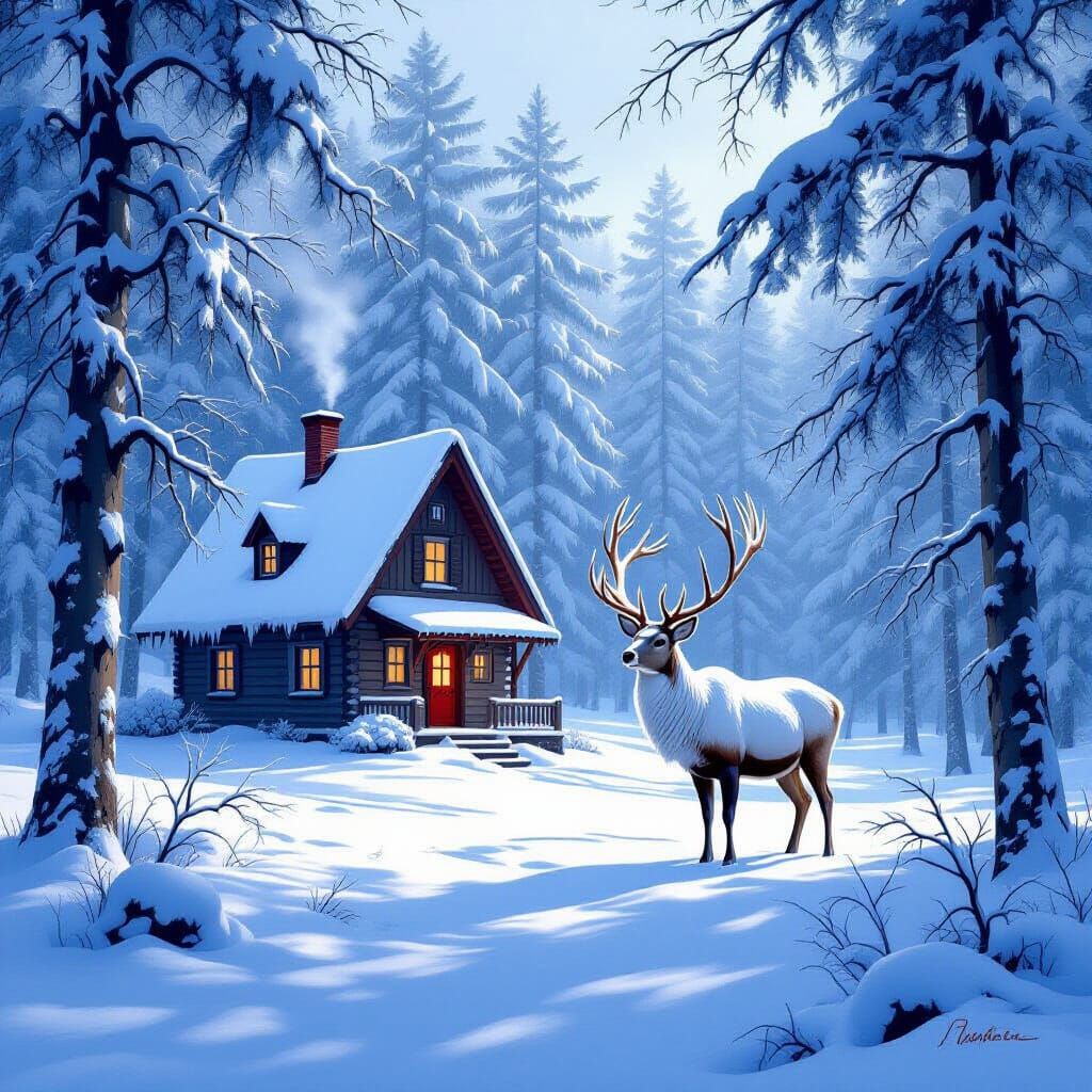 Majestic Snow Deer Beside Cottage in Snowy Forest Digital Pa...