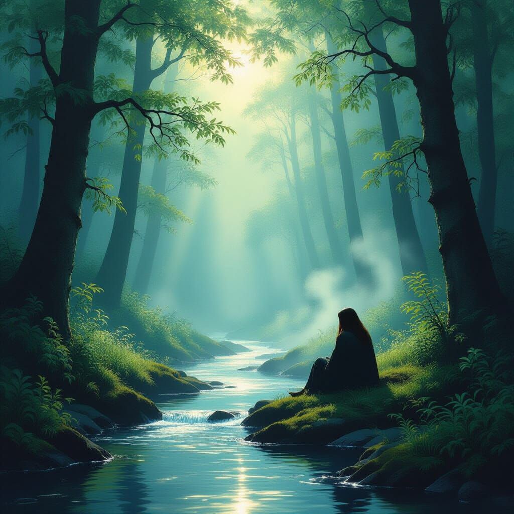 Ethereal Forest Stream in Dreamlike Light