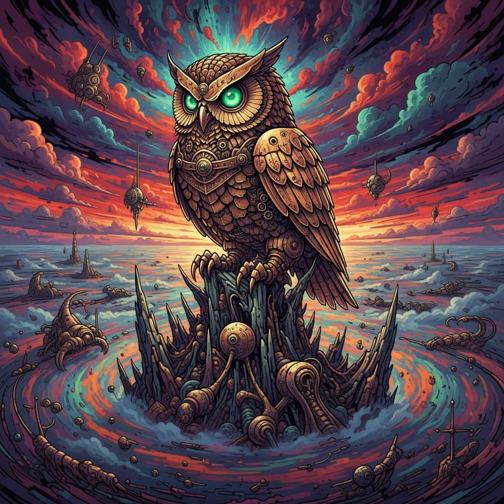 Bizarre imagery. A colossal, clockwork owl with glowing emerald eyes perches on a jagged mountain peak, overlooking a sea of swirling, iride...
