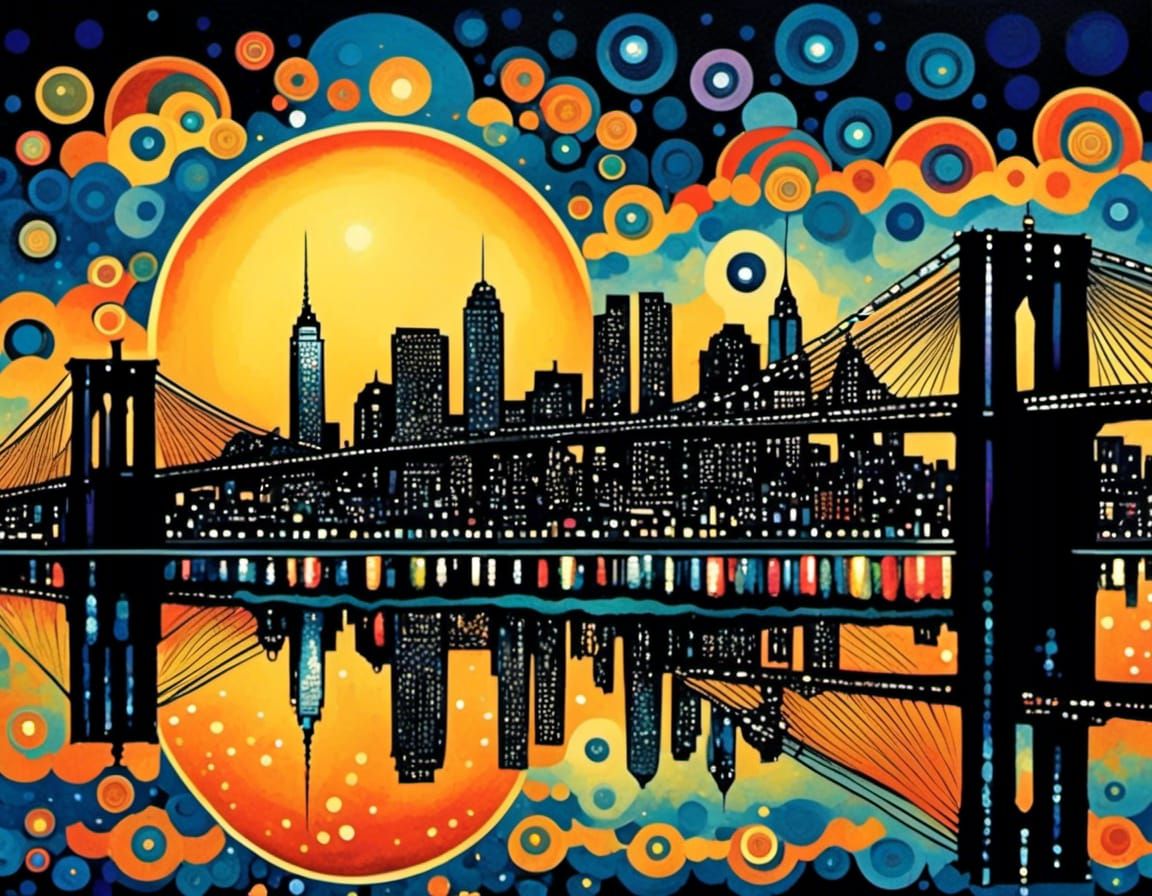 Large crescent moon over New York City skyline shimmering river reflection Brooklyn Bridge misty clouds cinematic pop art <lora:Scrapbook Doo...