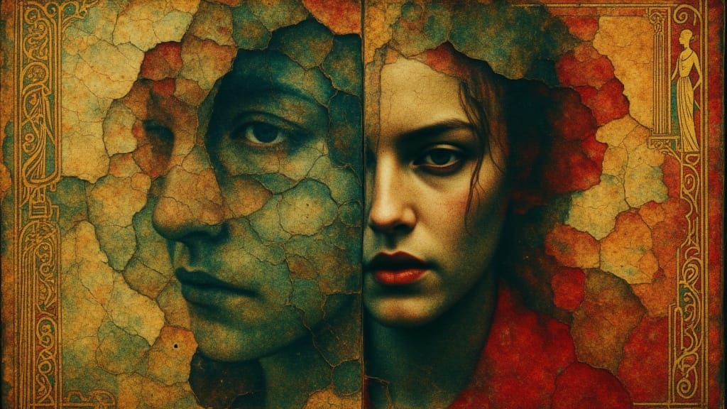 Introspective Masculine Collage: Layered textures of worn denim, weathered leather, and deep red velvet creating translucent and opaque geom...