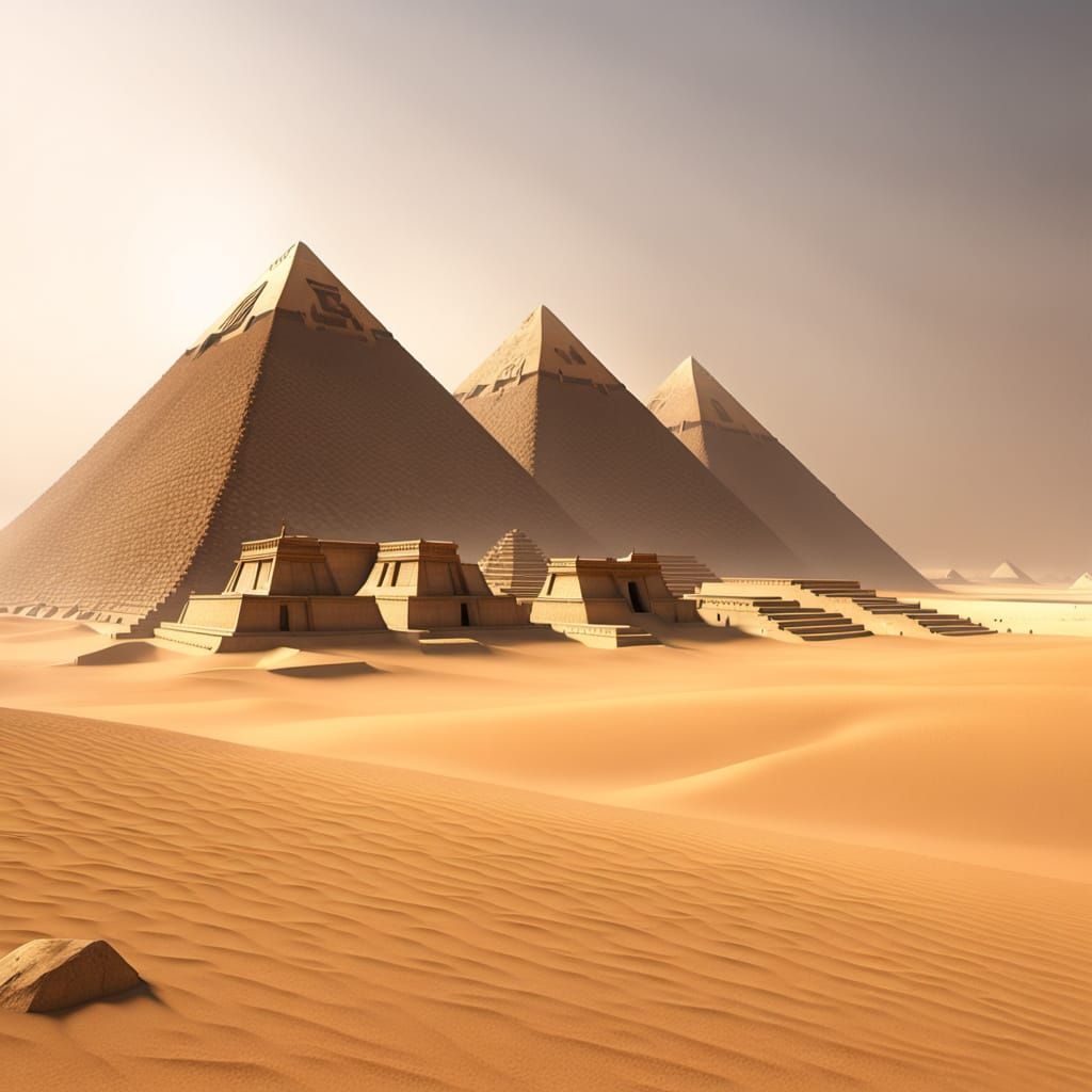 the pyramids of giza, covered in smooth white limestone and a golden top, in the middle of a great sandstorm that is burying the temples in ...