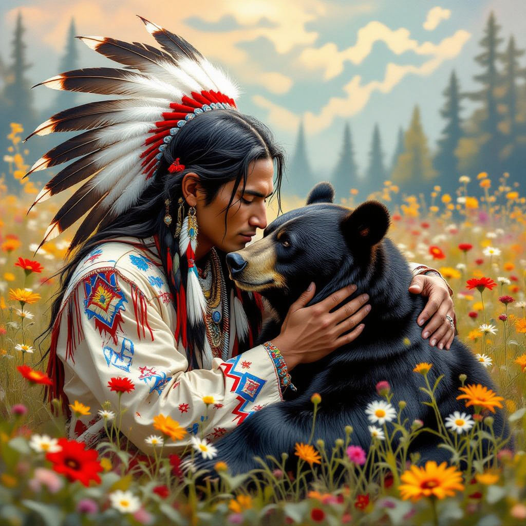An  American Indian Man is showing affection to a Black Bear