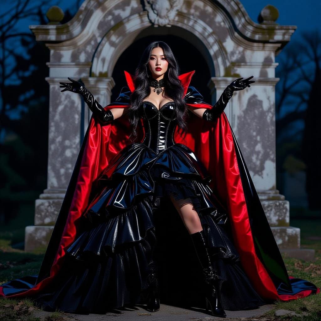 Hyperrealistic portrait of a stylish Asian gothic lady standing confidently before an ancient, moss-covered mausoleum at night. Her long, to...