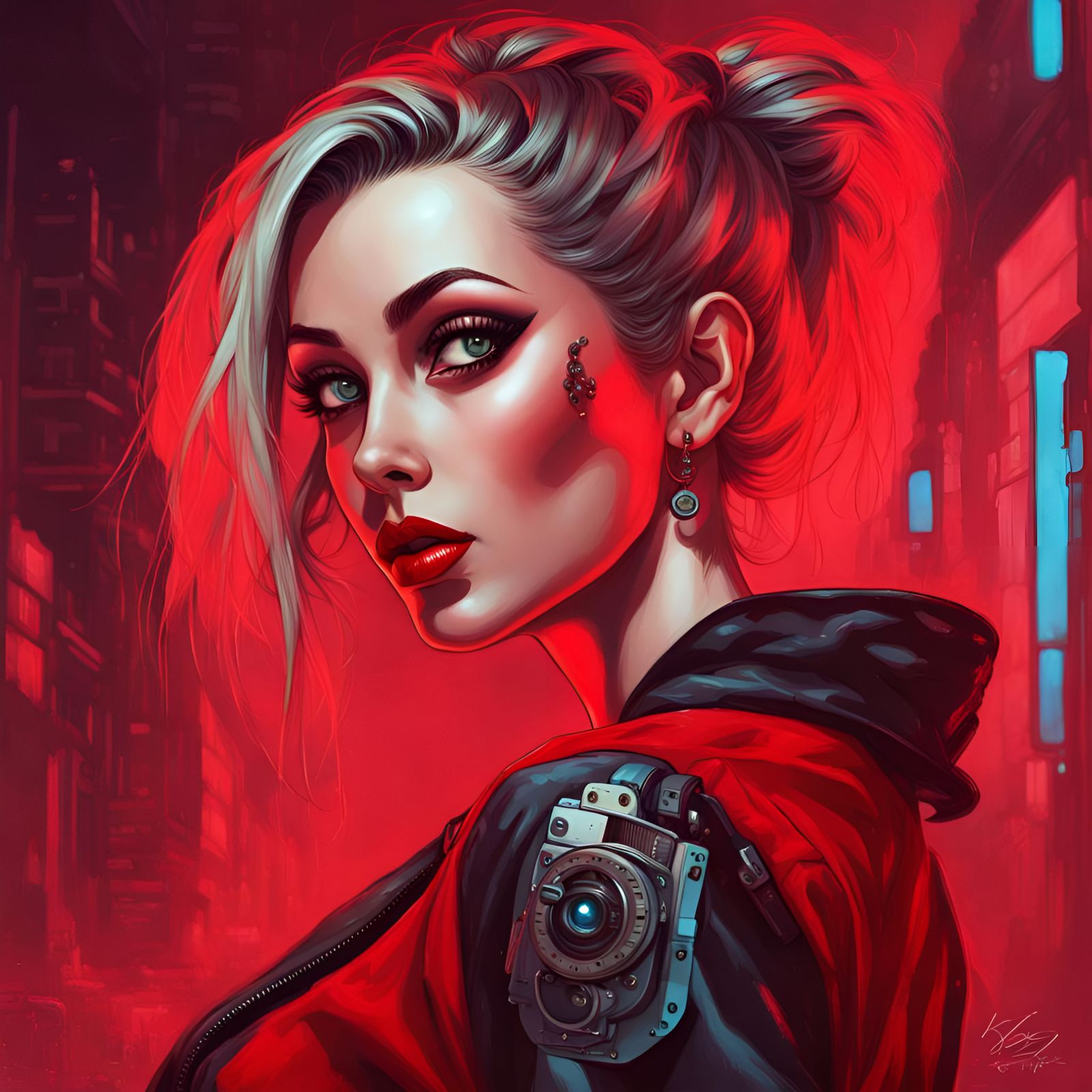 glamourous cyberpunk pin up girl, vibrant eyes, red tshirt - AI ...