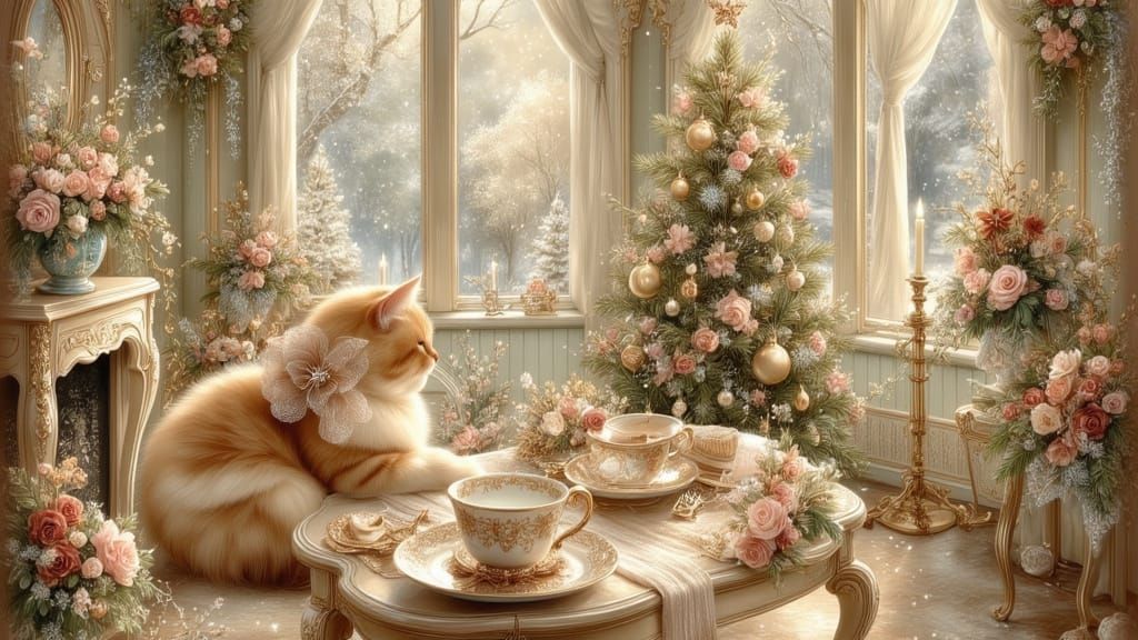 A glass conservatory glows with soft golden light, nestled in a snowy garden. Inside, pastel and ginger ...  by @Jezabelcreations