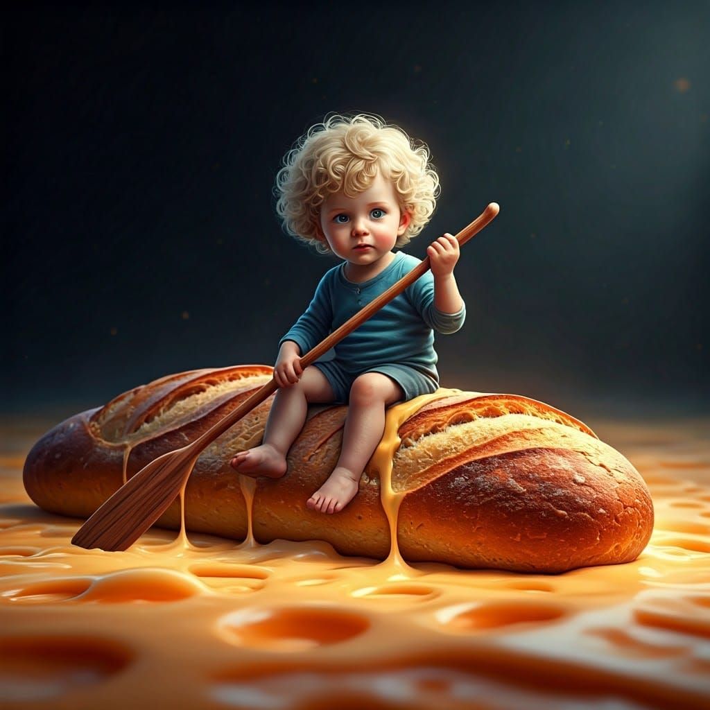 Blonde Boy Rows Sausages through Molten Cheese in Whimsical...