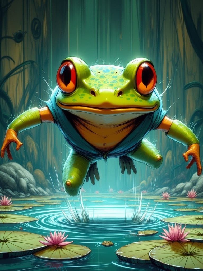 A surprised frog realizing he is going to miss the lilypad and land in the water. 